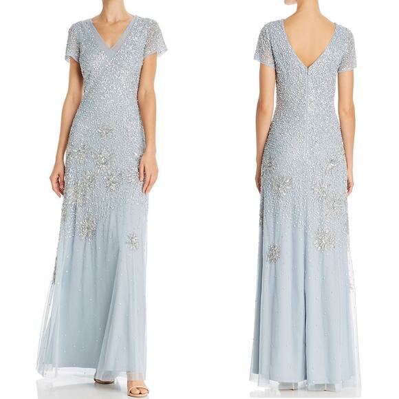 NWT Adrianna Papell Dress Beaded Floral Formal Evening Sequin Embellished Blue - Picture 1 of 15